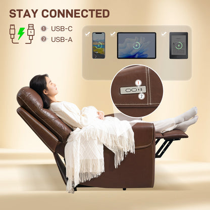 Close-up of the brown recliner armchair's control panel and USB ports, with a graphic showing devices charging