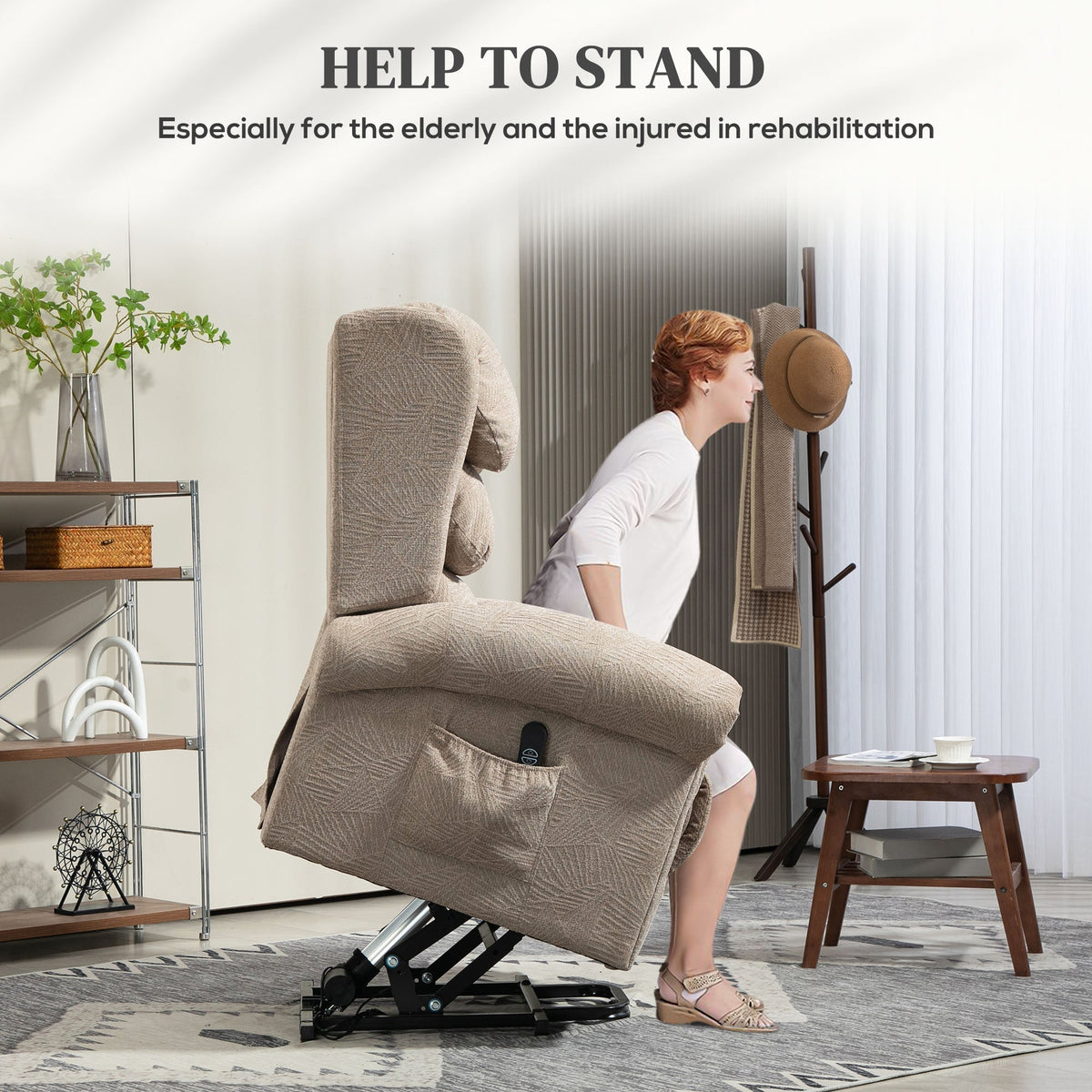 Woman using the electric riser recliner chair to help her stand up