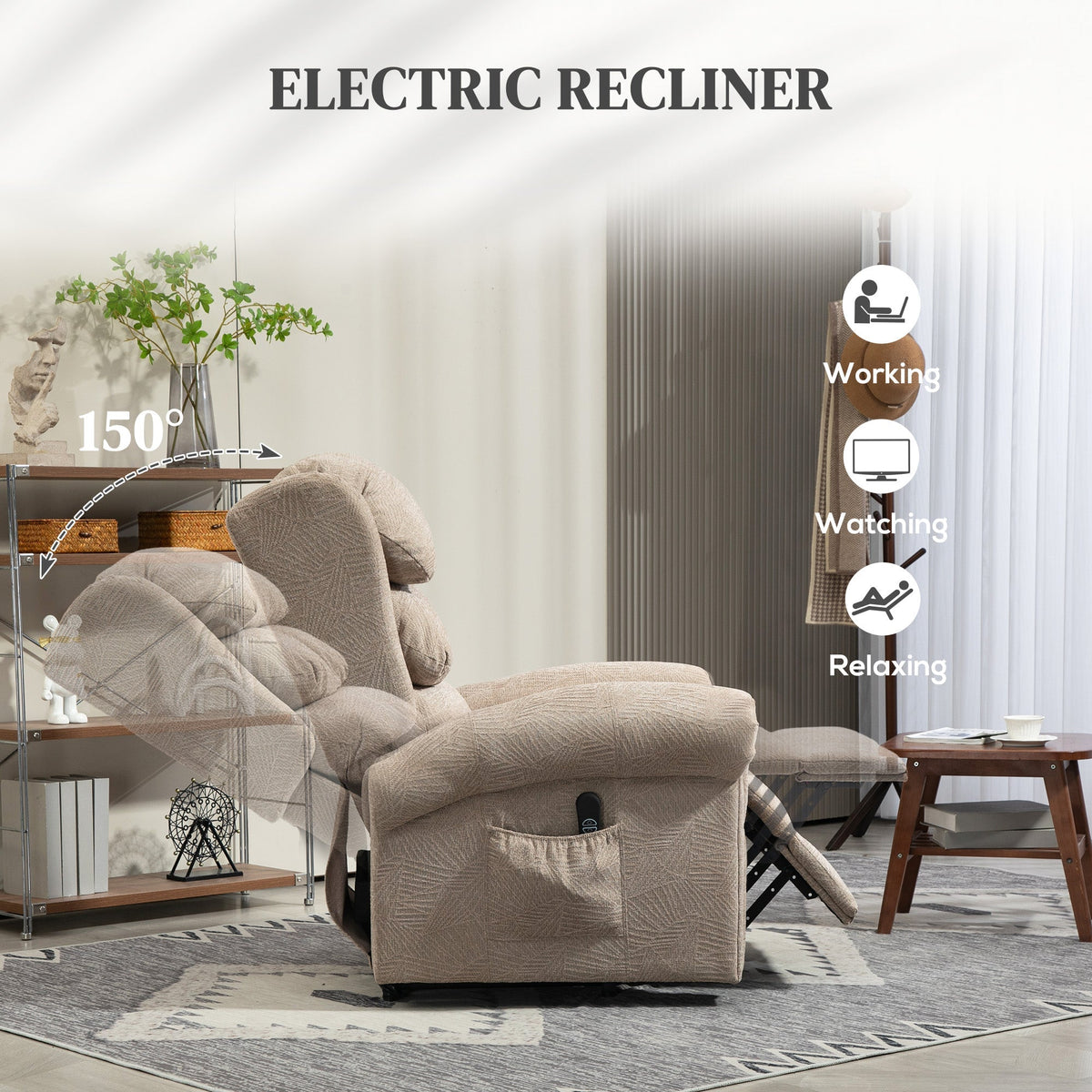 Electric riser recliner chair shown in different reclining positions