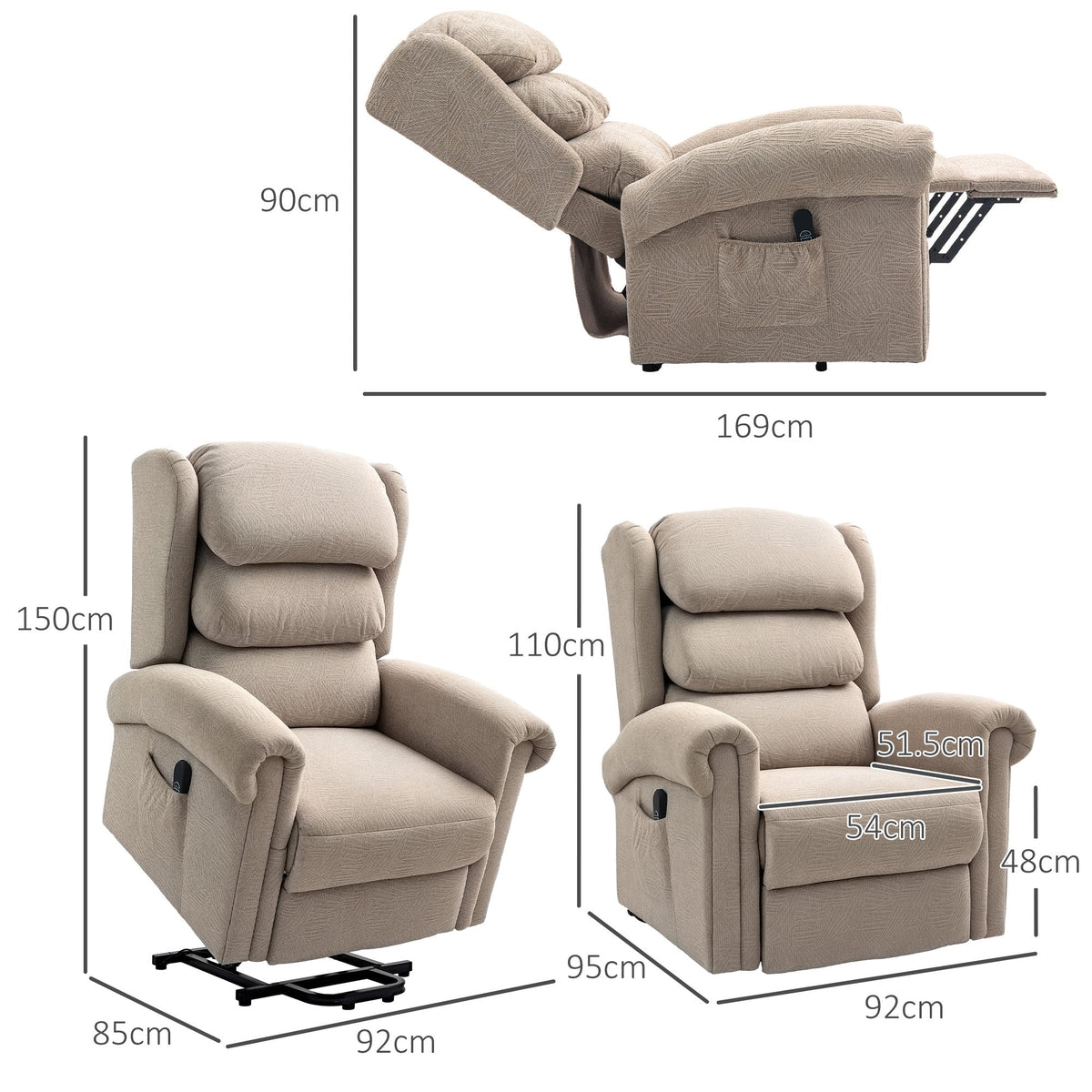 Size diagram for the khaki velvet-feel electric riser recliner chair