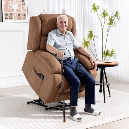 Elderly man sitting in a brown fabric power lift recliner chair with massage, with a walking stick