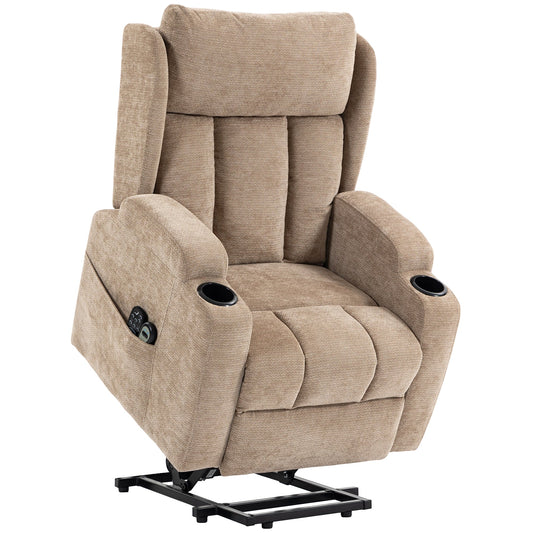 HOMCOM Power Lift Recliner Chair in brown chenille fabric with side pockets and cup holders