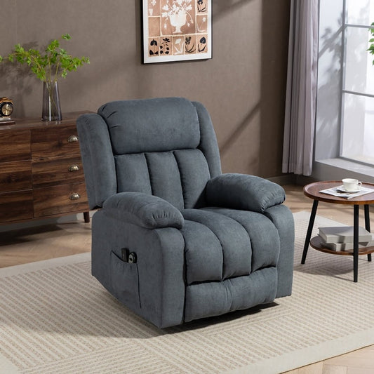 The grey fabric armchair is shown in a living room setting with a side table and plant