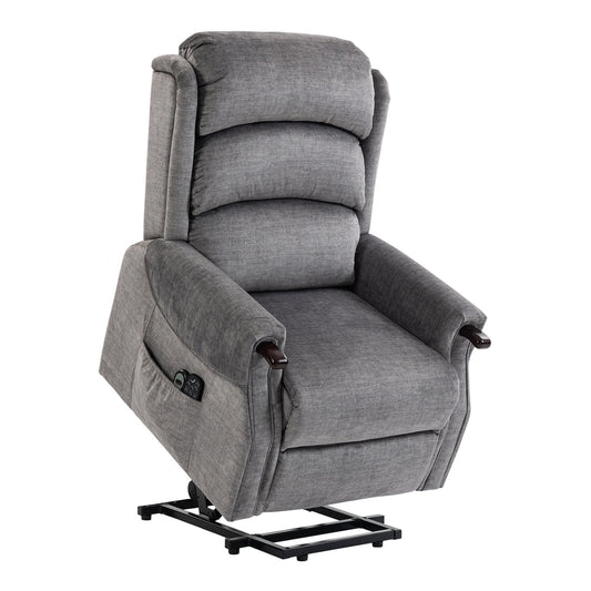 HOMCOM Power Lift Recliner with Vibration Massage and Heat in light grey fabric, shown from the front left side