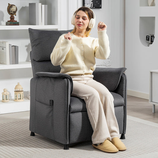 the power recliner chair with a person sitting upright in a bright living room setting