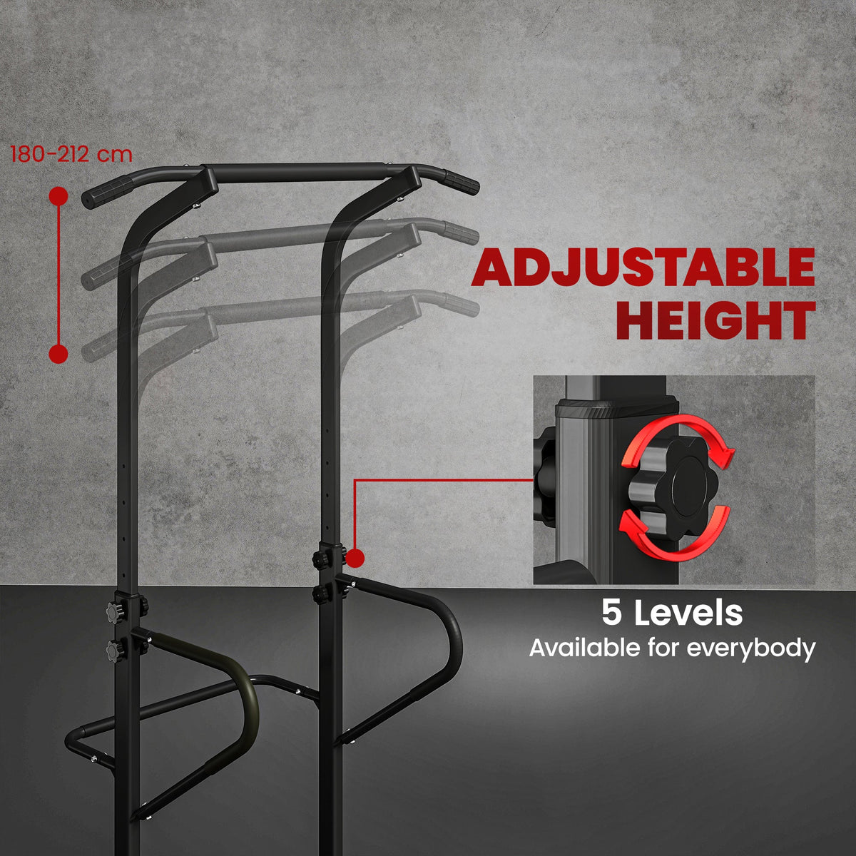 The power tower showing the adjustable height mechanism with a close up of the locking knob