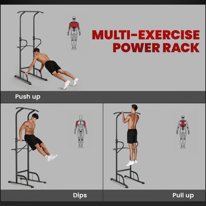 The power tower demonstrating push ups, dips and pull ups with highlighted muscle groups
