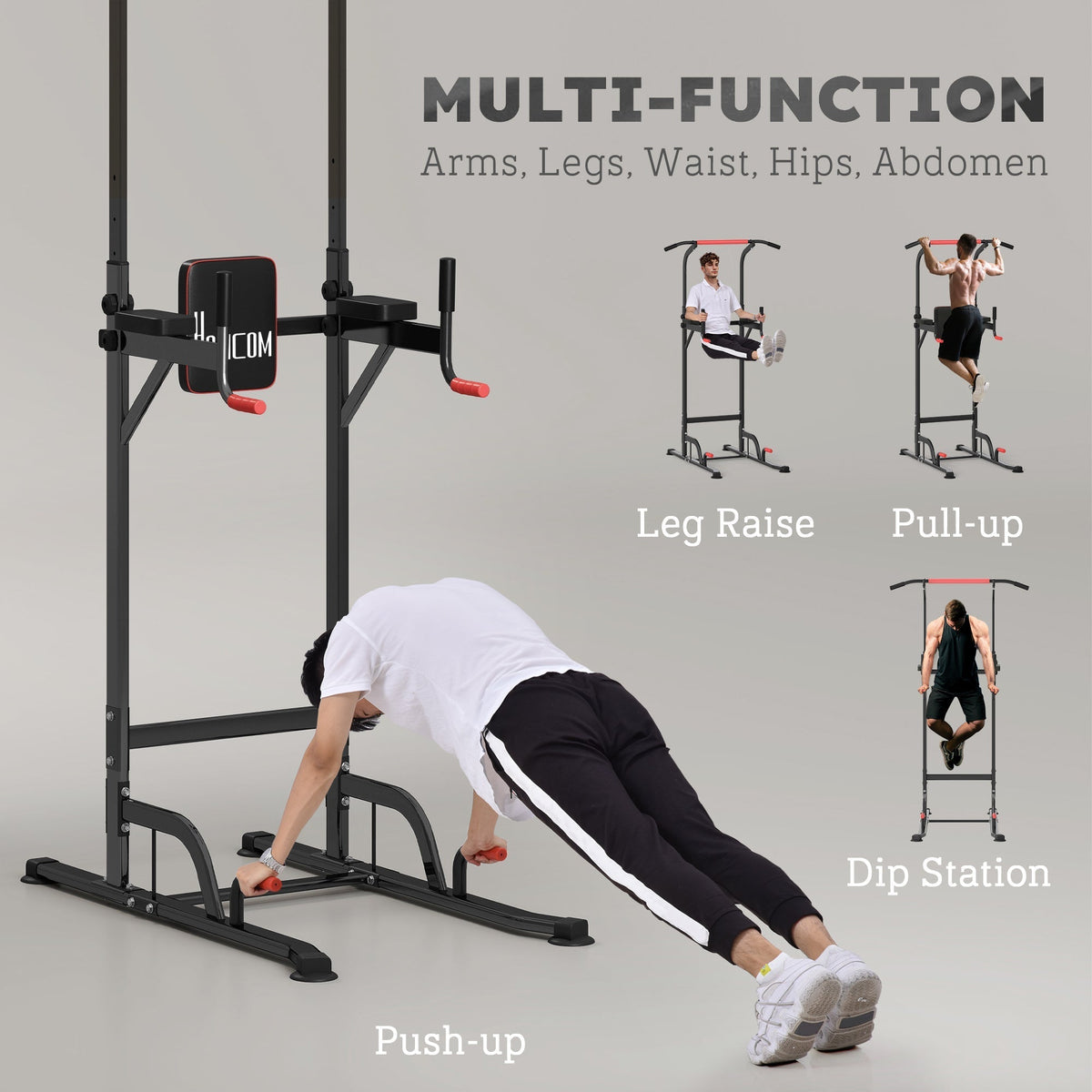 The power tower station demonstrating four exercises: leg raise, pull-up, push-up, and dip station