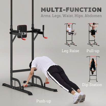 The power tower station demonstrating four exercises: leg raise, pull-up, push-up, and dip station