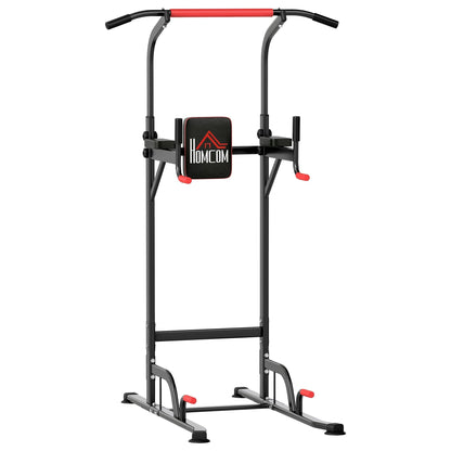 HOMCOM Power Tower Station with Dip Stand, a black and red home gym equipment with multiple bars and padded supports