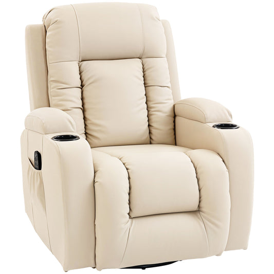 HOMCOM PU Leather Recliner Chair in cream with cup holders and a side remote control pocket
