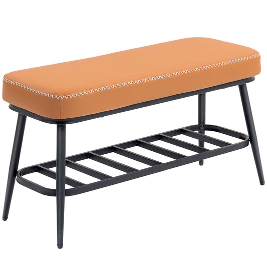 HOMCOM PU Leather Shoe Storage Bench with a brown padded seat and a black metal slatted shelf