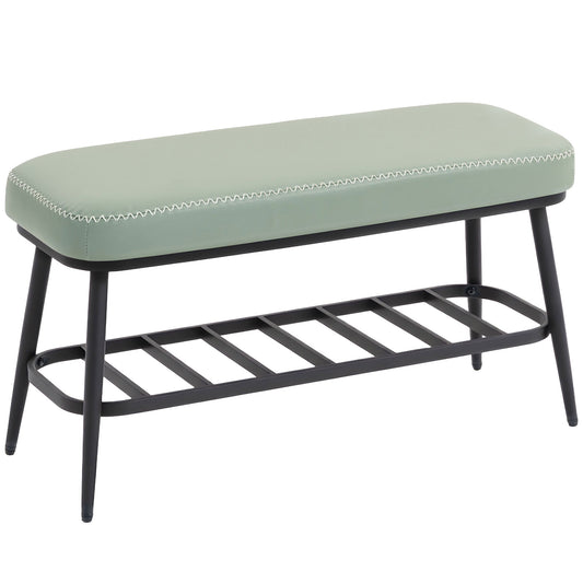 HOMCOM PU Leather Shoe Storage Bench in green with a padded seat and a slatted shelf below