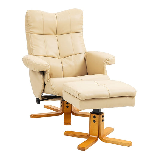 HOMCOM PU Leather Swivel Recliner Chair with Footstool in beige with a wooden base