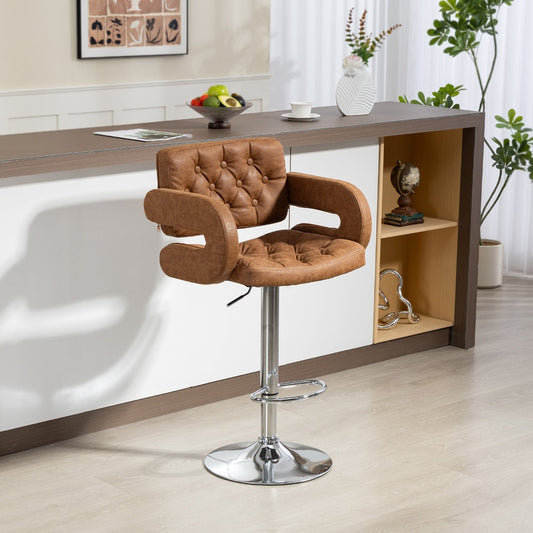 The brown bar stool in a modern kitchen setting next to a breakfast bar