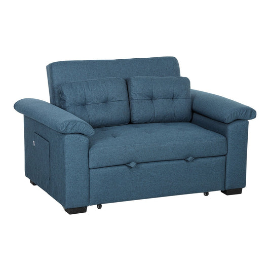 HOMCOM Pull Out Sofa Bed in blue fabric, a compact two-seater sofa with two cushions and side pockets