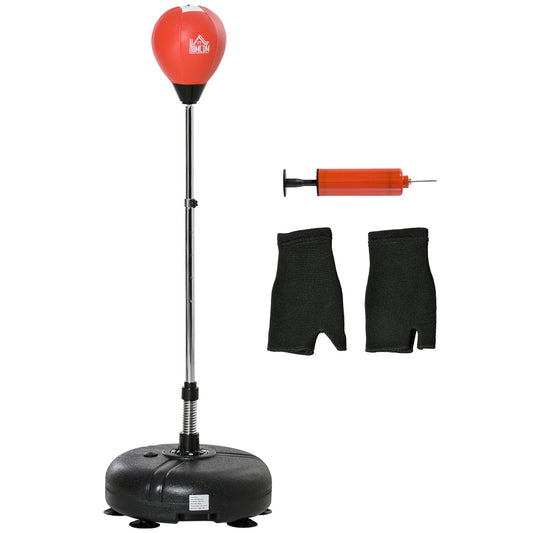 HOMCOM Punching Bag with Stand, red and black inflatable ball on a silver pole with a black base and accessories