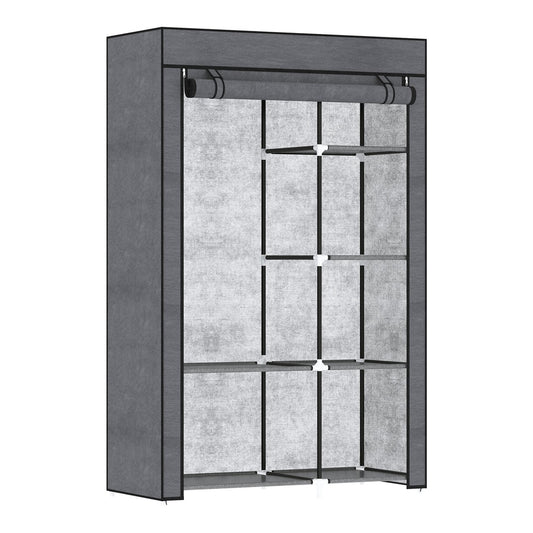 HOMCOM Rail and Six Shelf Fabric Wardrobe in dark grey, a tall storage unit with a hanging rail and six shelves