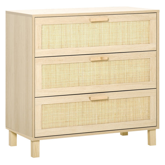 HOMCOM Rattan Bedroom Chest of Drawers with three woven front drawers and wooden frame
