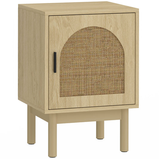 HOMCOM Rattan Bedside Table with a cane front door and wooden legs