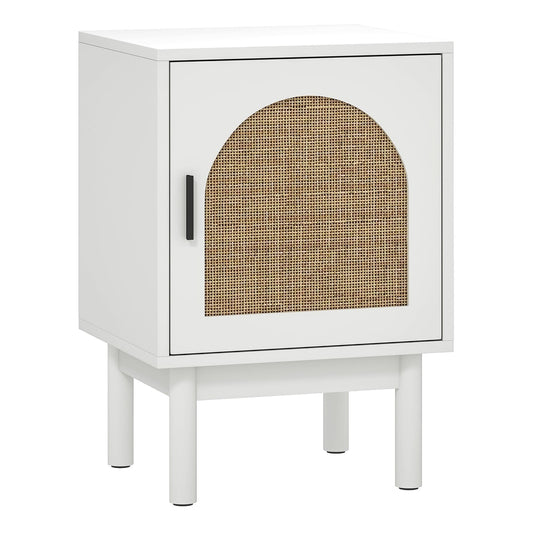 HOMCOM Rattan Bedside Table in white with a single door featuring a rattan arched panel