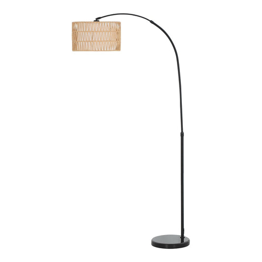 HOMCOM Rattan Floor Lamp with a curved black pole and a woven lampshade, standing on a round base