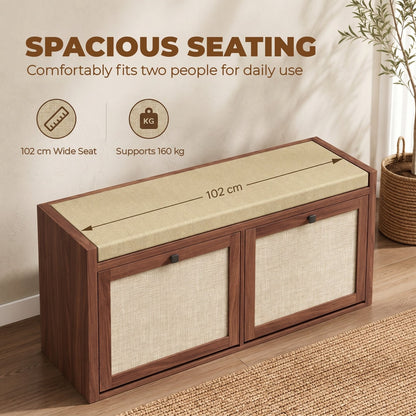 The shoe storage bench with a padded seat and two cabinets, showing its width