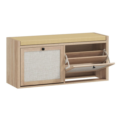 HOMCOM Rattan Shoe Bench with padded cushion and two cabinets for hidden storage, oak wood effect