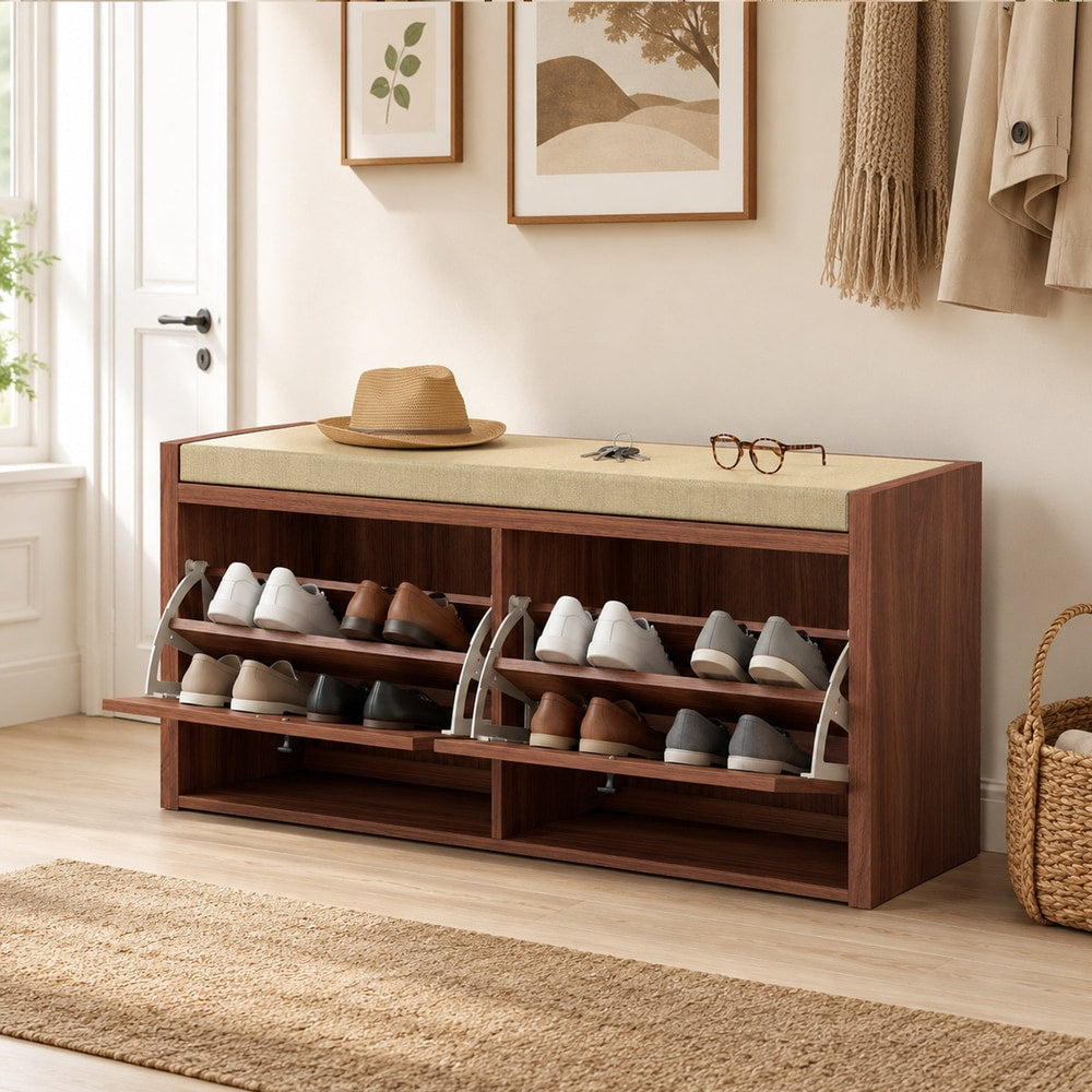 The shoe storage bench with two cabinets and open shoe shelves in a hallway
