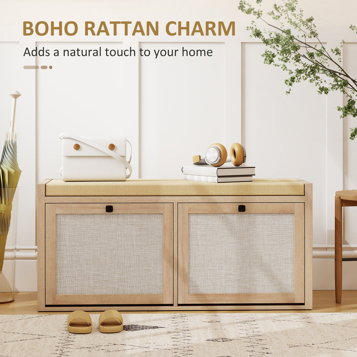 The rattan shoe bench with two cabinets and a padded cushion, styled in a hallway