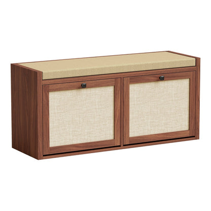 HOMCOM Rattan Shoe Bench with padded cushion and two cabinets for hidden storage