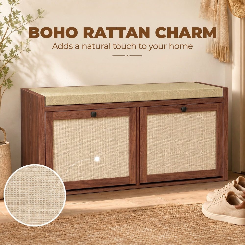 Close up of the woven rattan effect on the cabinet doors of the shoe storage bench