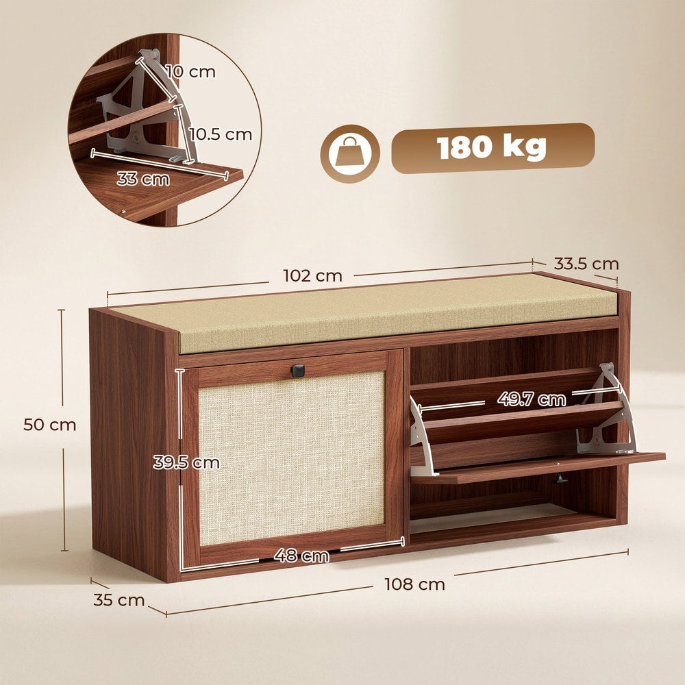 The shoe storage bench with dimensions and weight capacity shown