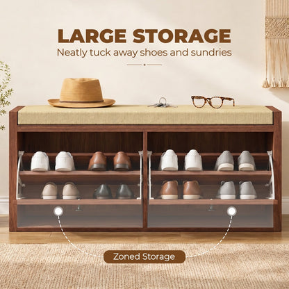 The shoe storage bench with shoes neatly organised in the open shelves