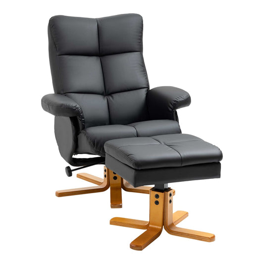 HOMCOM PU Leather Swivel Recliner Chair with Footstool in black, shown with wooden base