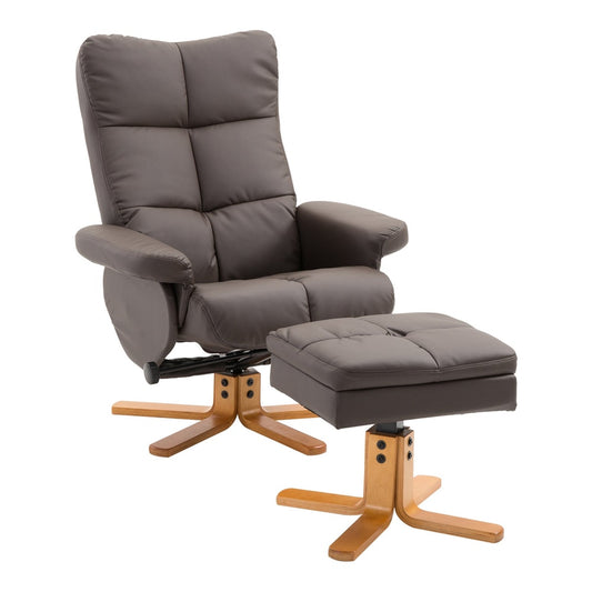 HOMCOM PU Leather Swivel Recliner Chair with Footstool in brown with a wooden base