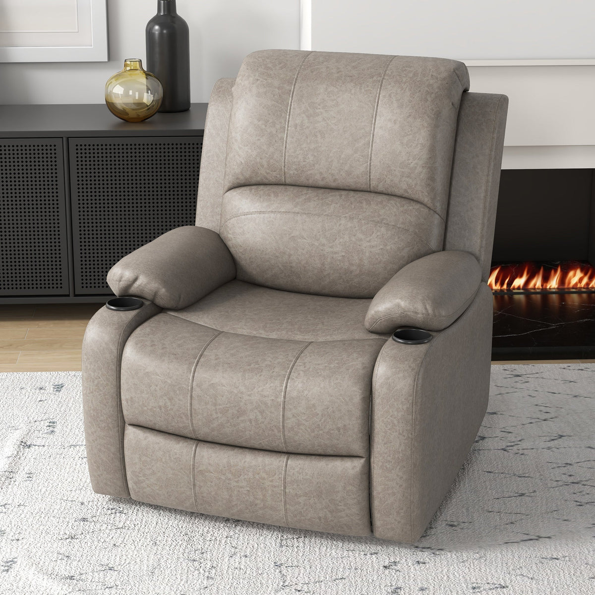 The brown reclining armchair placed in a living room next to a fireplace