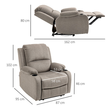 The brown recliner armchair showing its dimensions in both upright and reclined positions