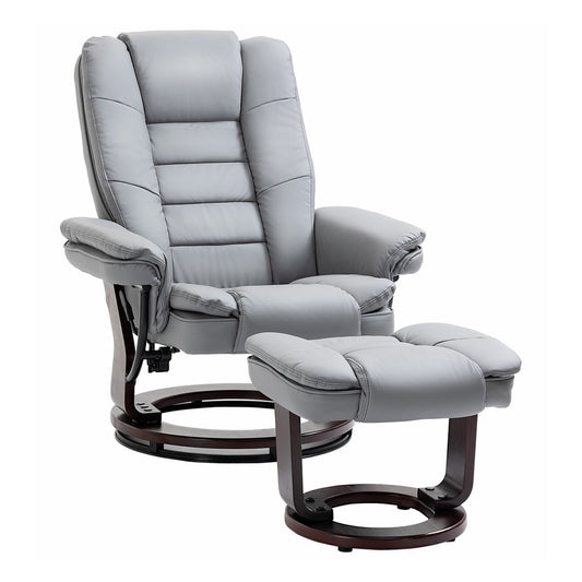 HOMCOM Recliner Chair With footstool in grey PU leather with a wooden swivel base