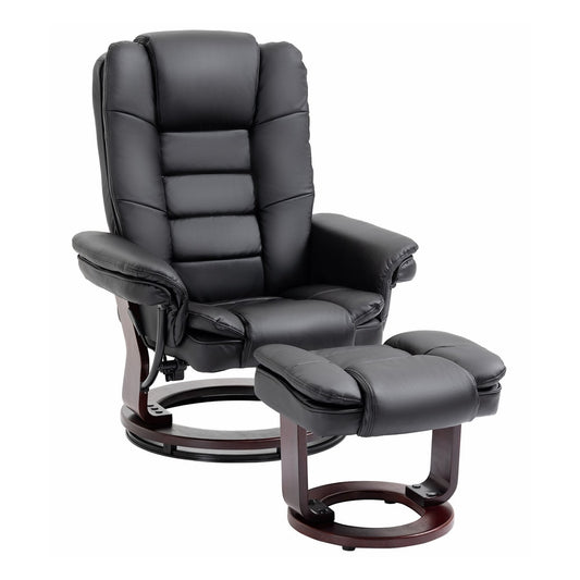 HOMCOM Recliner Chair With footstool in black PU leather with a wooden swivel base