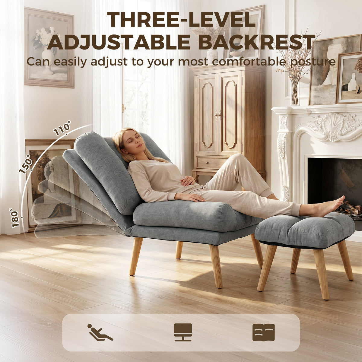 The grey recliner armchair showing the three adjustable backrest positions with a person resting