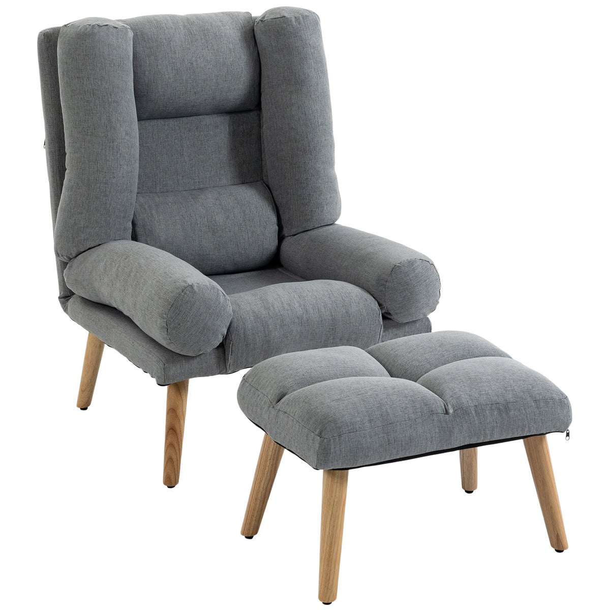 HOMCOM Recliner Chair with Footstool in grey fabric with light wooden legs on a white background