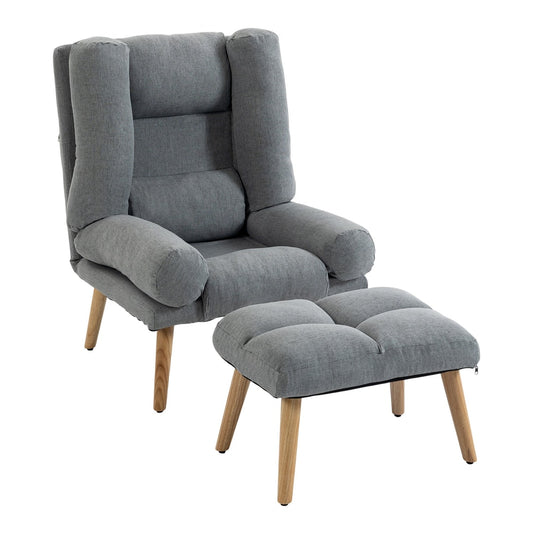 HOMCOM Recliner Chair with Footstool in grey fabric with light wooden legs on a white background