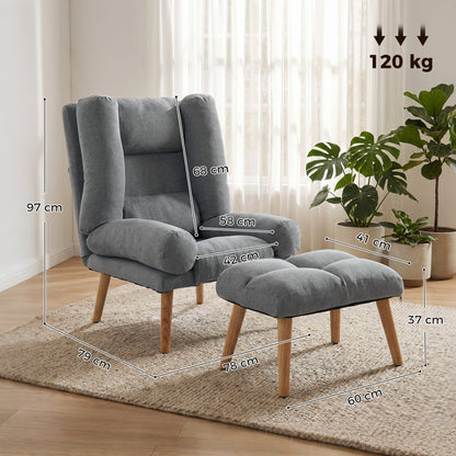 The grey armchair and footstool showing various dimensions and the maximum weight capacity