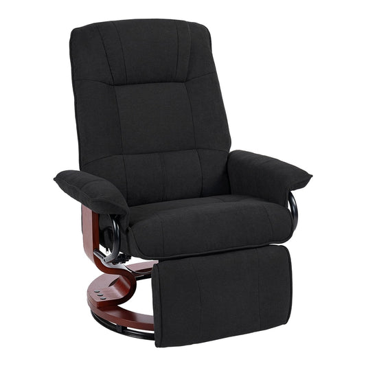 HOMCOM Reclining Swivel Chair in black fabric with a wooden base and footrest