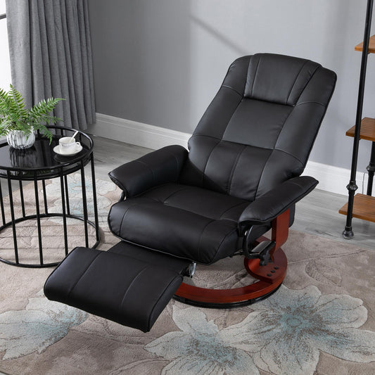 The black recliner armchair is shown with its footrest extended, next to a small table