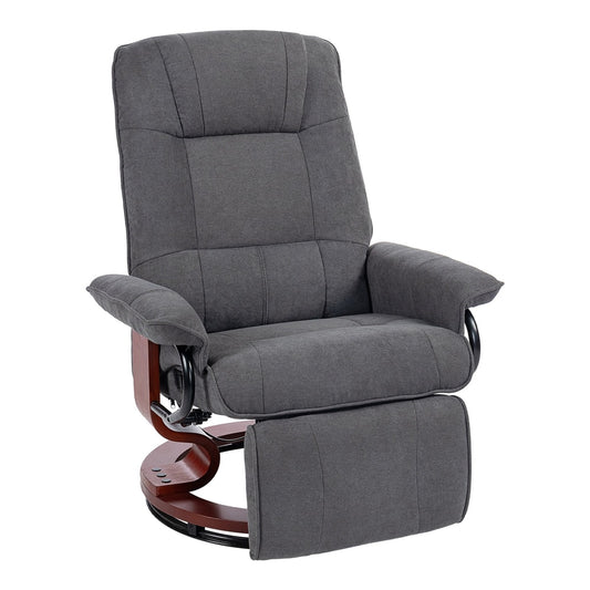 HOMCOM Reclining Swivel Chair in grey fabric with a wooden base and footrest
