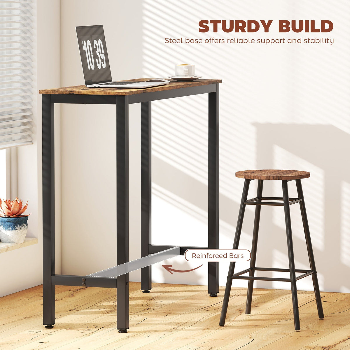 The breakfast table featuring a laptop and a coffee cup with reinforced support bars