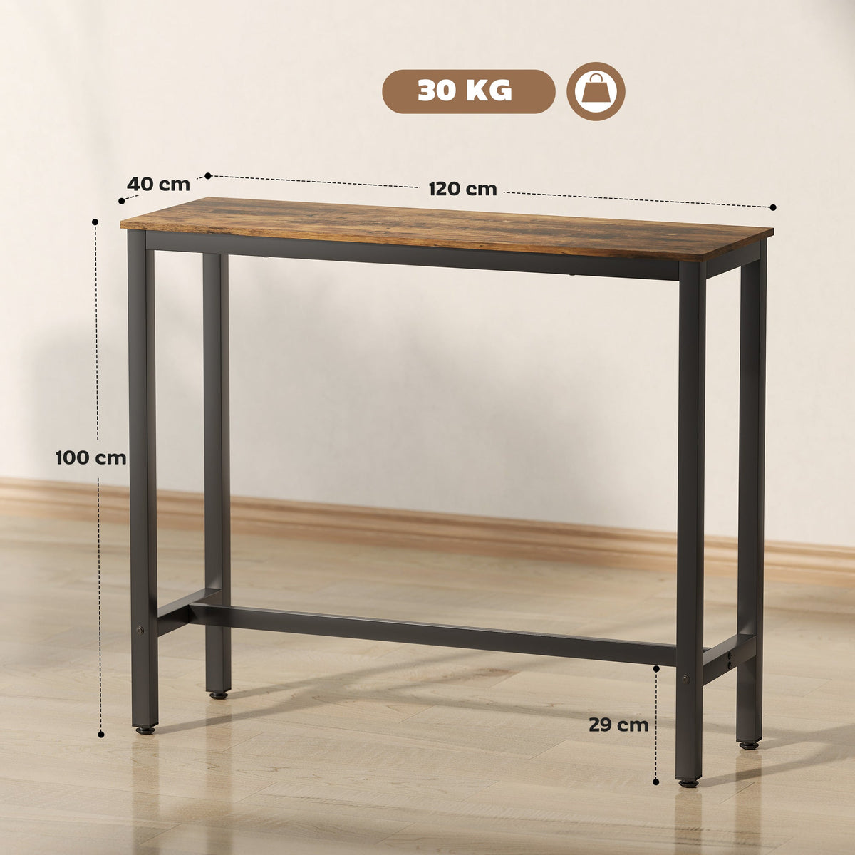 The dining table showing dimensions for height, width and depth with a weight icon