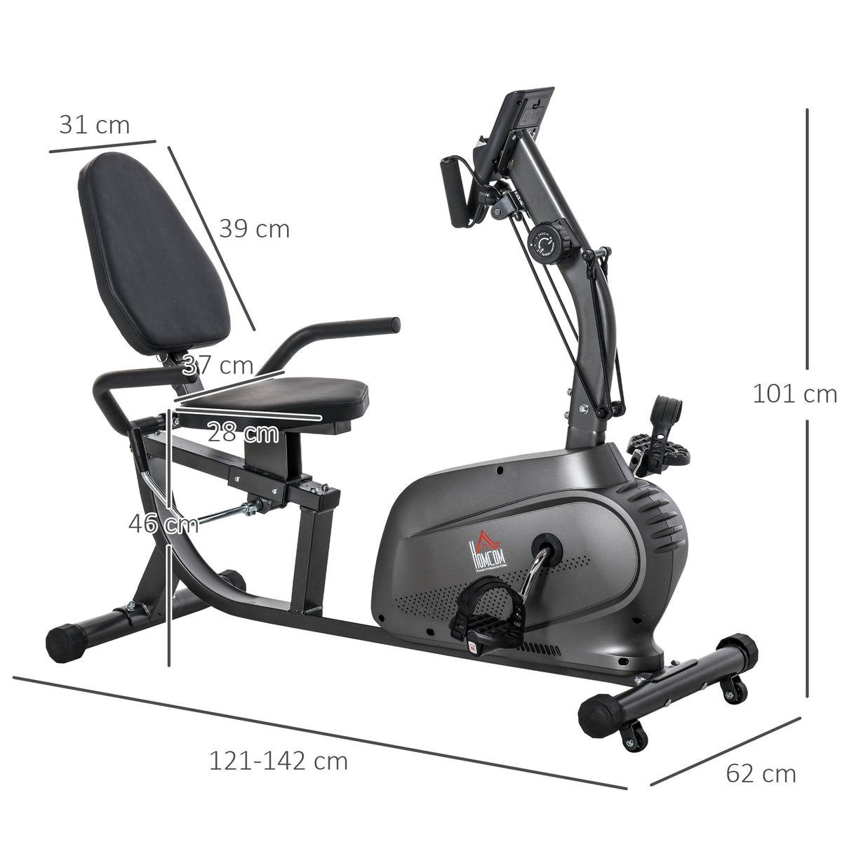 The stationary bike shown from the side with various dimension lines and arrows